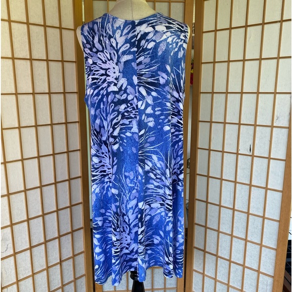 Clara Sun Woo Midi Stretch Knit Sleeveless Blue Print Swing Shift Dress SZ 1X - Picture 8 of 13